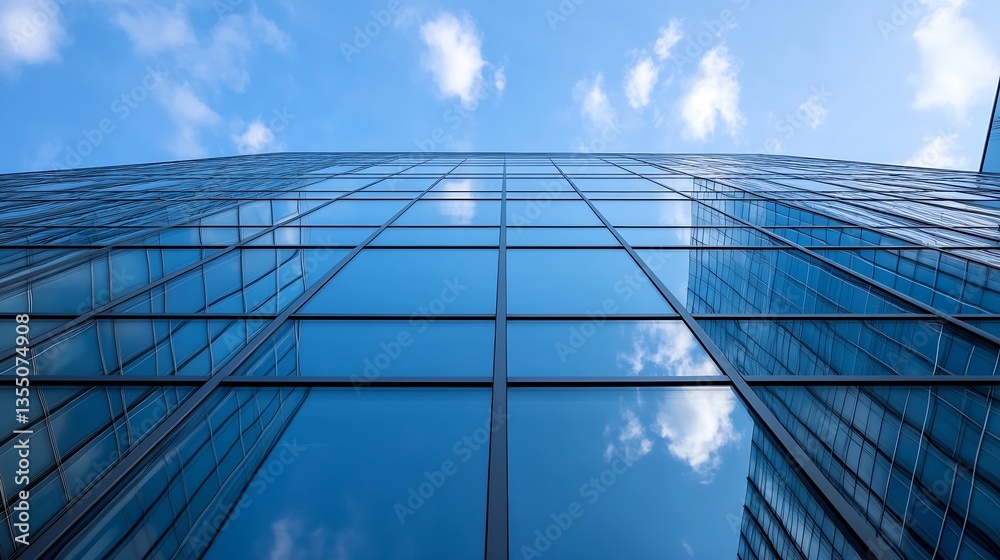 Poster modern skyscraper exterior reflecting clouds and sky in a vibrant urban setting : generative ai