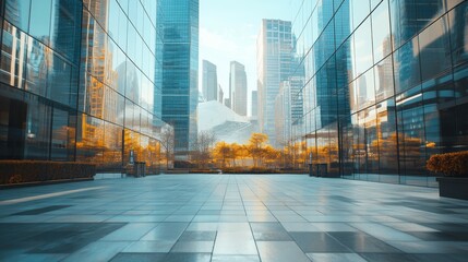 Obraz premium Symmetrical Urban Oasis Modern Glass Buildings and Autumn Trees in Tranquil Plaza Minimalist Cityscape Photography