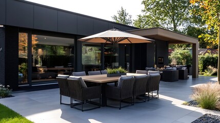 Fototapeta premium Elegant outdoor dining area featuring a stylish table and umbrella surrounded by greenery : Generative AI