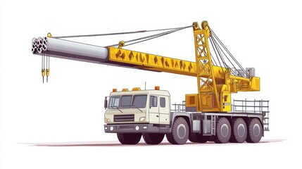 Heavy-duty crane truck lifting pipe, industrial scene, transportation