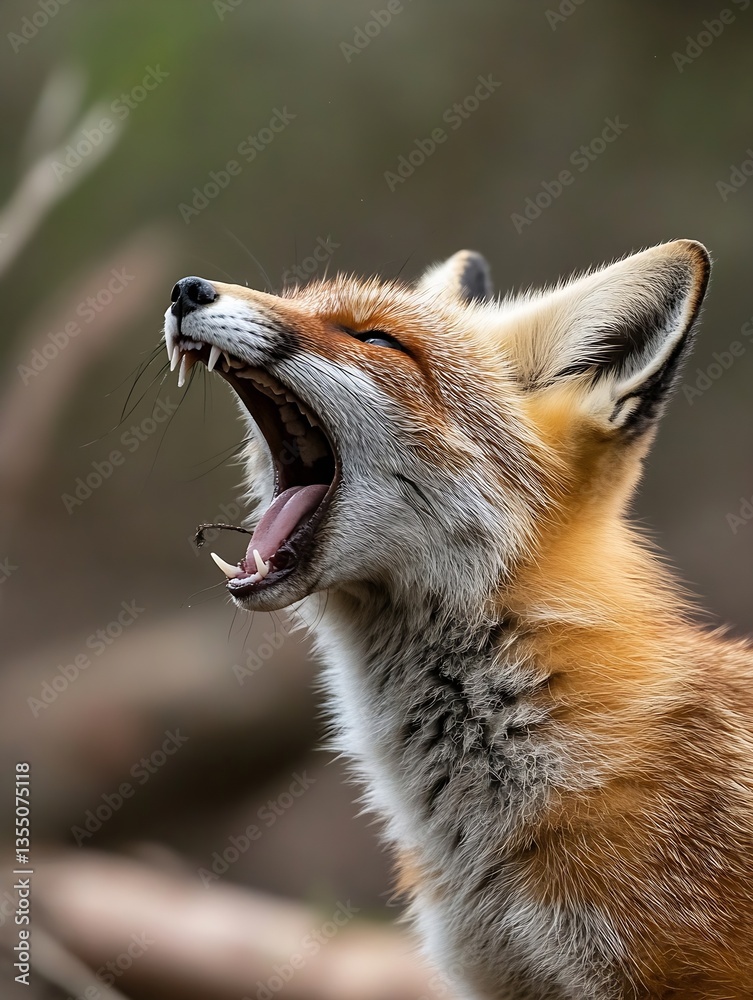 Poster charming red fox yawning widely showcasing its vibrant fur and playful demeanor in nature : generati
