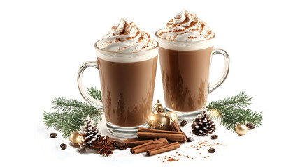Two cups of hot chocolate with whipped cream on a white background