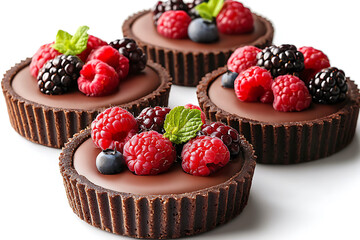 Four chocolate tarts topped with fresh raspberries blackberries and blueberries garnished with mint leaves.