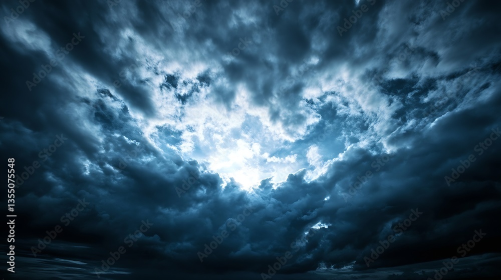 Poster Dramatic stormy sky filled with dark clouds and beams of light creating a striking visual atmosphere : Generative AI