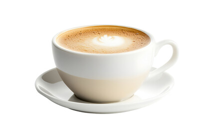 Fototapeta premium A white coffee cup with a white saucer sits on a table