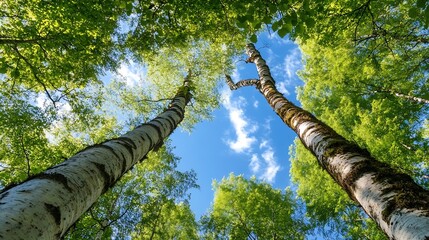 Fototapeta premium Tall birch trees reaching towards blue sky under sunlight canopy in forest : Generative AI