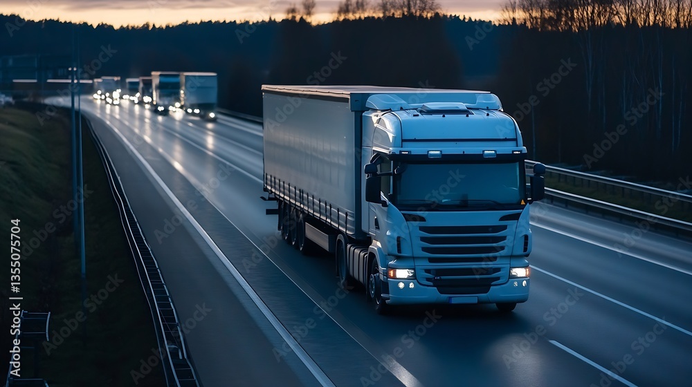 Poster large delivery truck on a highway at sunset illuminating the road while traveling fast towards its d