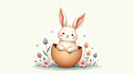 Easter Bunny Emerging from an Egg Surrounded by Flowers