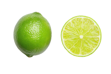 A fresh lime and a sliced half, showcasing the vibrant green skin and juicy pulp, Transparent Background.