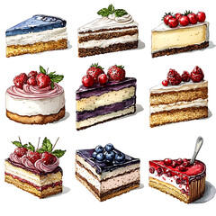 Assorted watercolor cake slices and individual cakes topped with fresh berries creating a delectable and colorful dessert collection.