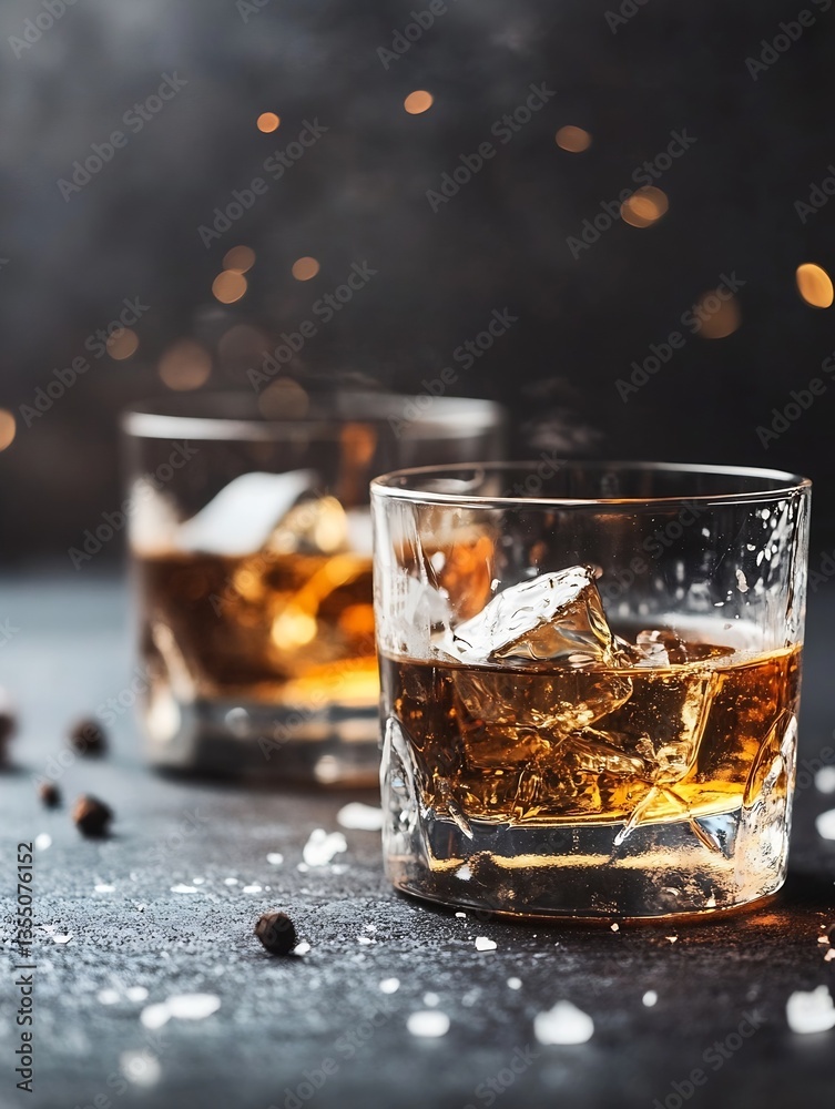 Aufkleber Refreshing whiskey on the rocks in a stylish glass surrounded by inviting atmosphere and soft bokeh lights : Generative AI