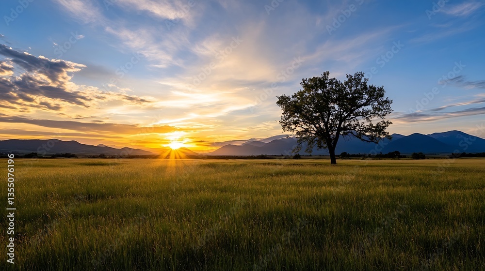 Aufkleber golden sunset over rolling fields with a lone tree and majestic mountains in the distance : generati
