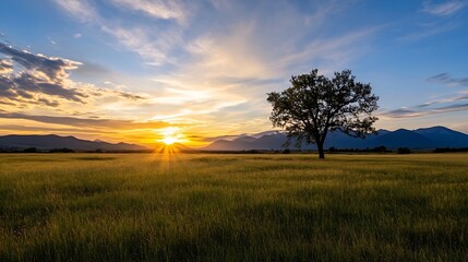 Fototapeta premium Golden Sunset Over Rolling Fields with a Lone Tree and Majestic Mountains in the Distance : Generative AI