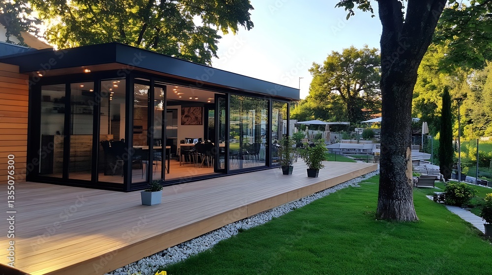 Aufkleber modern house with large windows set in a beautiful garden surrounded by trees : generative ai