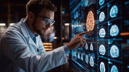 Medical Professional Analyzing Brain Scan Results on Advanced High Tech Display Interface Device