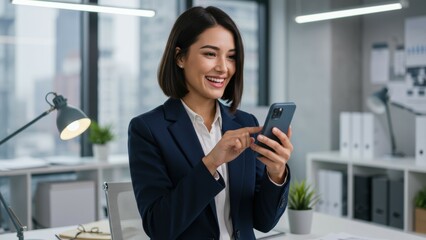 Asian businesswoman using smartphone at office. Young professional works indoors. Digital connectivity, finance, office environment concepts. Modern workplace, successful career.