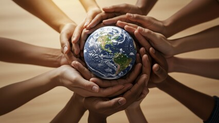 Hands of diverse people holding globe. Symbolizes unity, environmental protection, global responsibility, and social themes of diversity, sustainability and collaborative care.