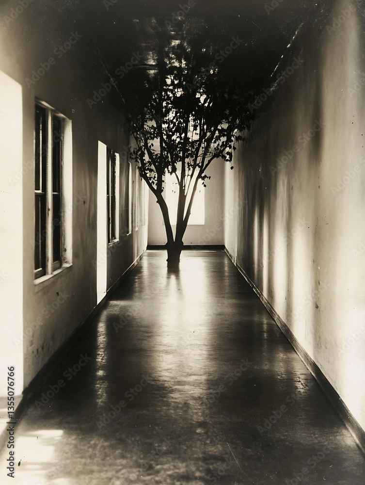 Poster monochrome photograph of a haunting hallway with a tree growing indoors creating an unusual contrast