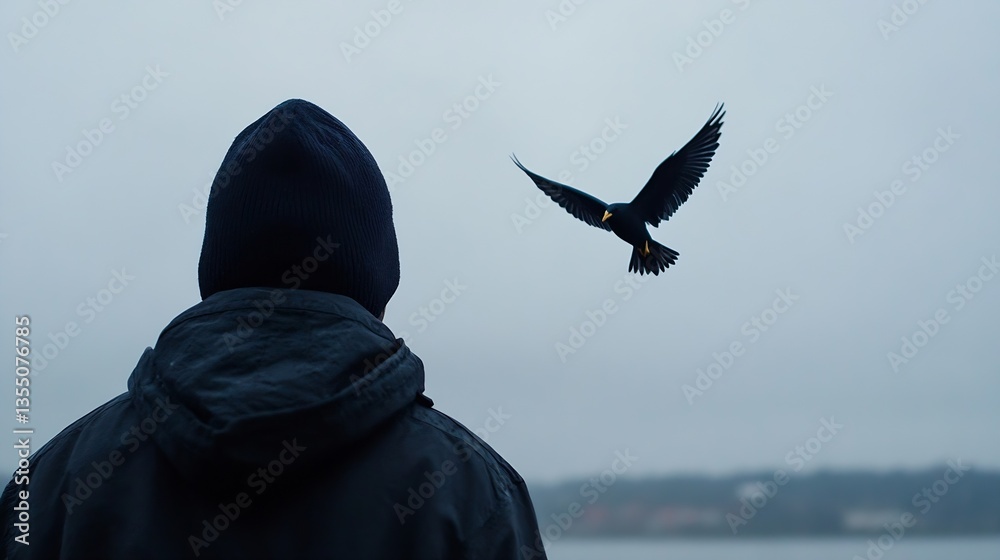Aufkleber mysterious figure standing in contemplation as a bird takes flight against a cloudy backdrop by the 