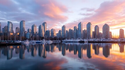 Obraz premium Stunning Skyline Reflection of Modern Towers at Sunset by the Water : Generative AI