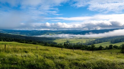 Fototapeta premium Breathtaking Panoramic View of Lush Green Hills and Rolling Clouds Under a Bright Blue Sky : Generative AI