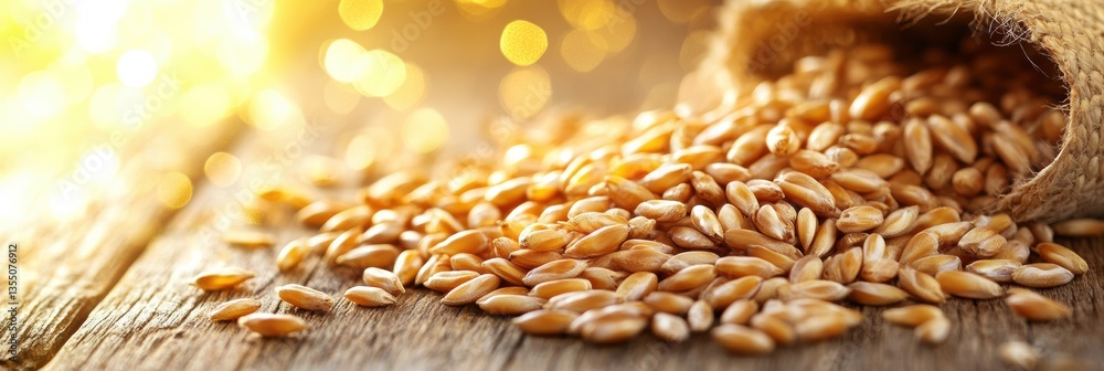 Poster close-up view of golden wheat grains resting on wooden table with warm reflections and soft lighting