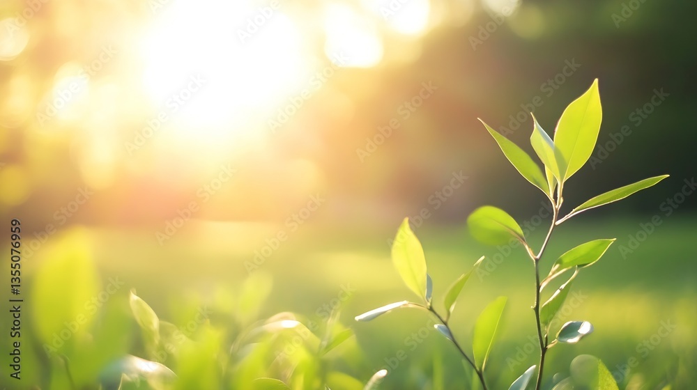 Aufkleber close up view of green plant leaves in soft sunlight creating a serene atmosphere in nature : genera