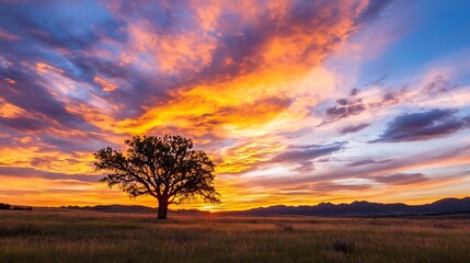 Fototapeta premium Lone Tree Silhouetted Against a Fiery Sunset Sky : Generative AI