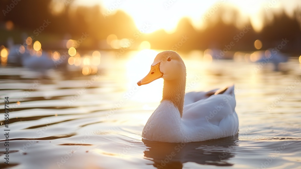 Aufkleber serene water scene featuring a graceful duck gliding across a shimmering lake during sunset : genera