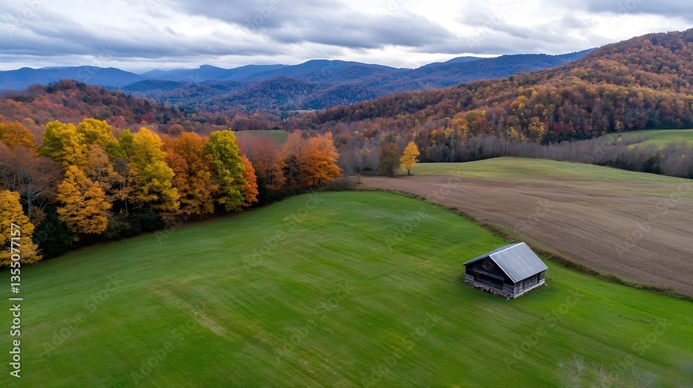 Poster Charming countryside scene featuring a rustic cabin surrounded by autumn trees and open green fields under cloudy skies : Generative AI