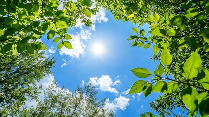 Bright sunlight filtering through lush green leaves in a vibrant forest under a blue sky : Generative AI