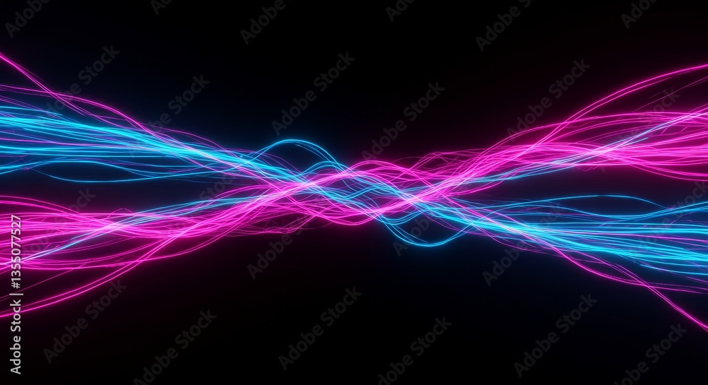 Wall mural abstract neon waveforms - vibrant pink and blue neon light streams intertwine and flow, creating a d
