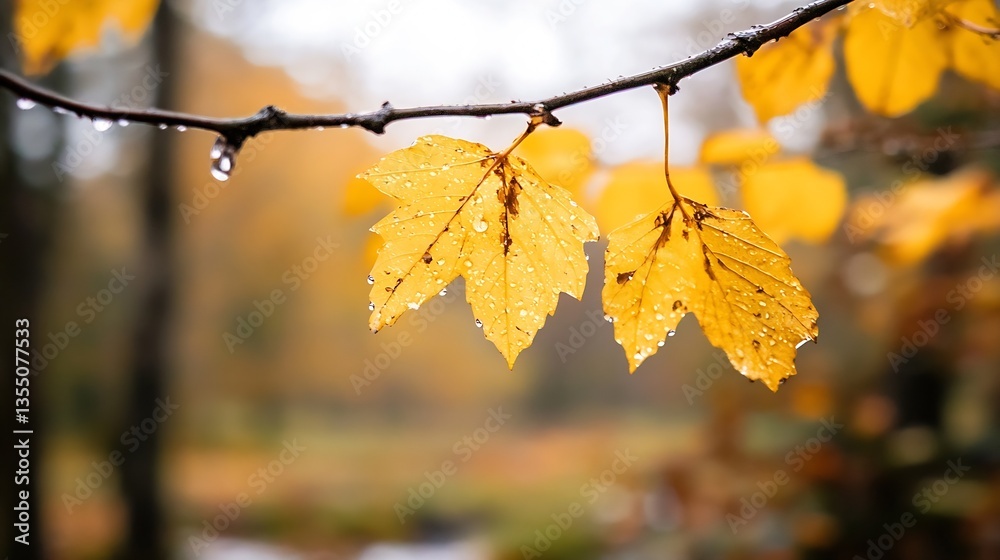 Aufkleber closeup of autumn leaves glistening with raindrops in a beautiful forest setting : generative ai