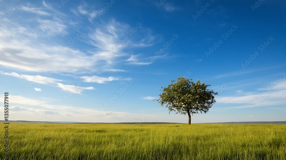 Poster lone tree standing majestically in a lush green field under a vast blue sky inviting tranquility in 