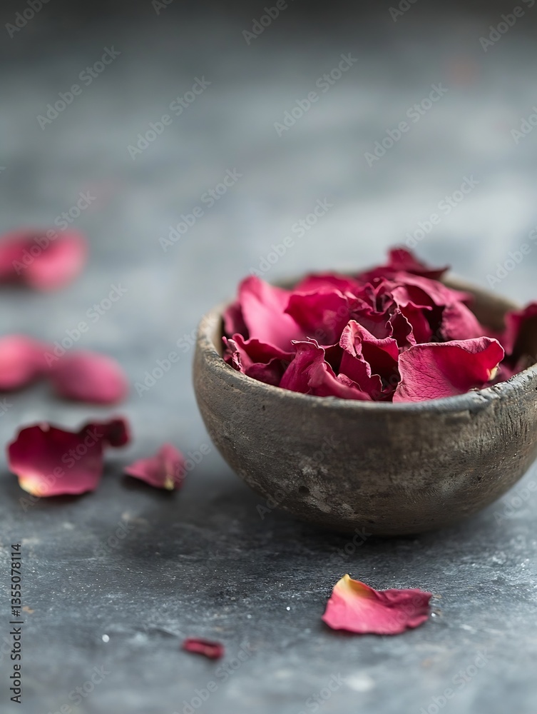Aufkleber stylish bowl filled with dried rose petals on textured surface accompanied by scattered petals aroun