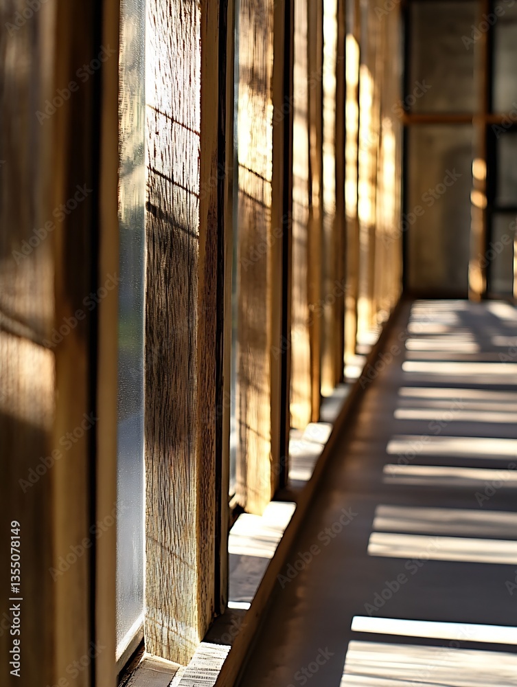 Aufkleber interior view of a sunlit corridor featuring wooden frames and intriguing shadow patterns : generati