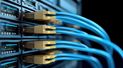 Fototapeta premium Blue Fiber Optic Cables Connected to Server Rack