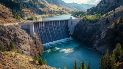 A powerful image of a hydro dam nestled in a scenic mountainous valley, with water flowing through. The photograph highlights themes of renewable energy, water management, and environmental