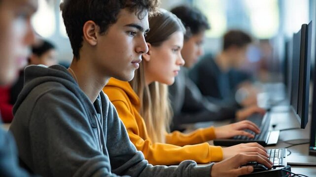 Focus and concentration of students in a computer lab: The photograph captures a diverse group of students in a focused state, diligently using computers in a learning environment.