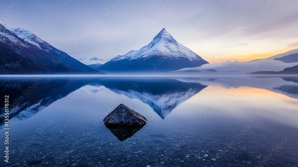 Aufkleber breathtaking serene view of a mountain reflecting on a calm lake at dawn with soft clouds : generati
