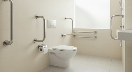 Accessible Bathroom Design with Safety Grab Bars - Modern, clean bathroom featuring safety grab bars near toilet and shower