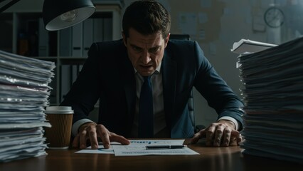 Fototapeta premium Stressed Caucasian businessman analyzes financial graph at desk overloaded with paperwork in office. Reflects workplace pressure, late night work, and frustration with deadline.
