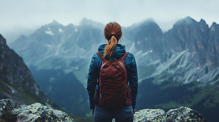 Naklejka premium Woman with Red Ponytail and Backpack Contemplating Mountain View on Misty Day