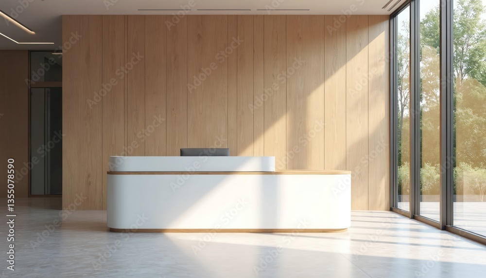 Poster front view modern office reception desk. white counter with wood paneled wall background and large w