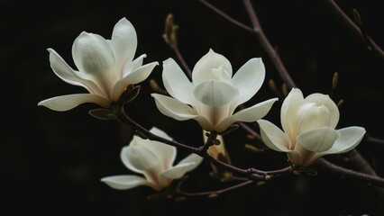 Fototapeta premium Magnolia blossoms on branch against dark. Blooming, white petals, delicate details evoke natural beauty, tranquility, purity, springtime, zen, minimalism.