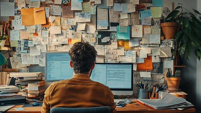 A person is sitting at a desk, working, with many sticky notes behind them.