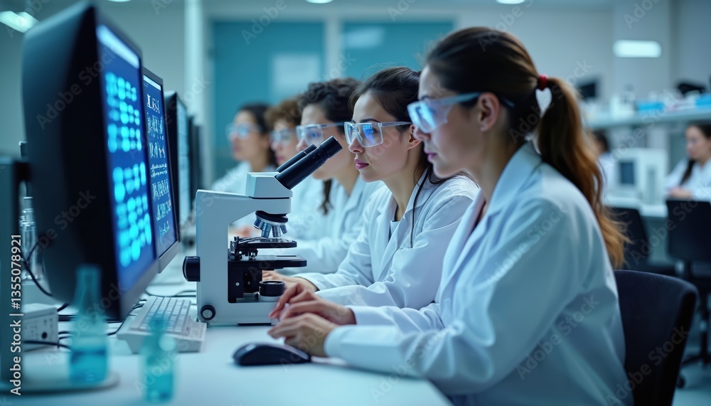 Aufkleber Team of scientists in genetics lab conducting CRISPR research. Researchers analyzing data on computer screens, using microscope, collaborating. Science, tech, medical innovation, genetic engineering,