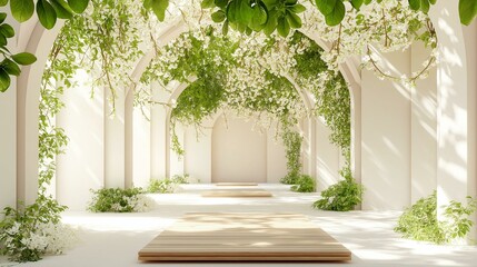 Fototapeta premium Empty room with a wooden floor and white walls. the room is decorated with a beautiful archway made of white flowers and greenery.