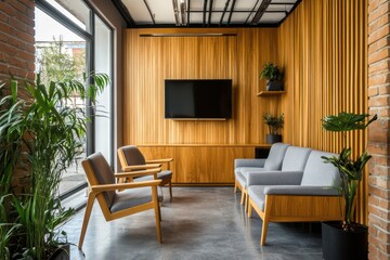 A modern waiting room with wooden paneling two chairs a gray sofa and a television in a bright space
