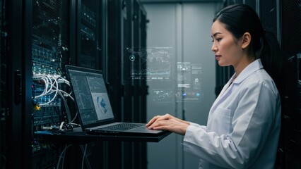 Asian female data scientist using laptop in server room, managing IT infrastructure, cybersecurity. Data analysis, digital transformation, cloud computing, AI, innovation.